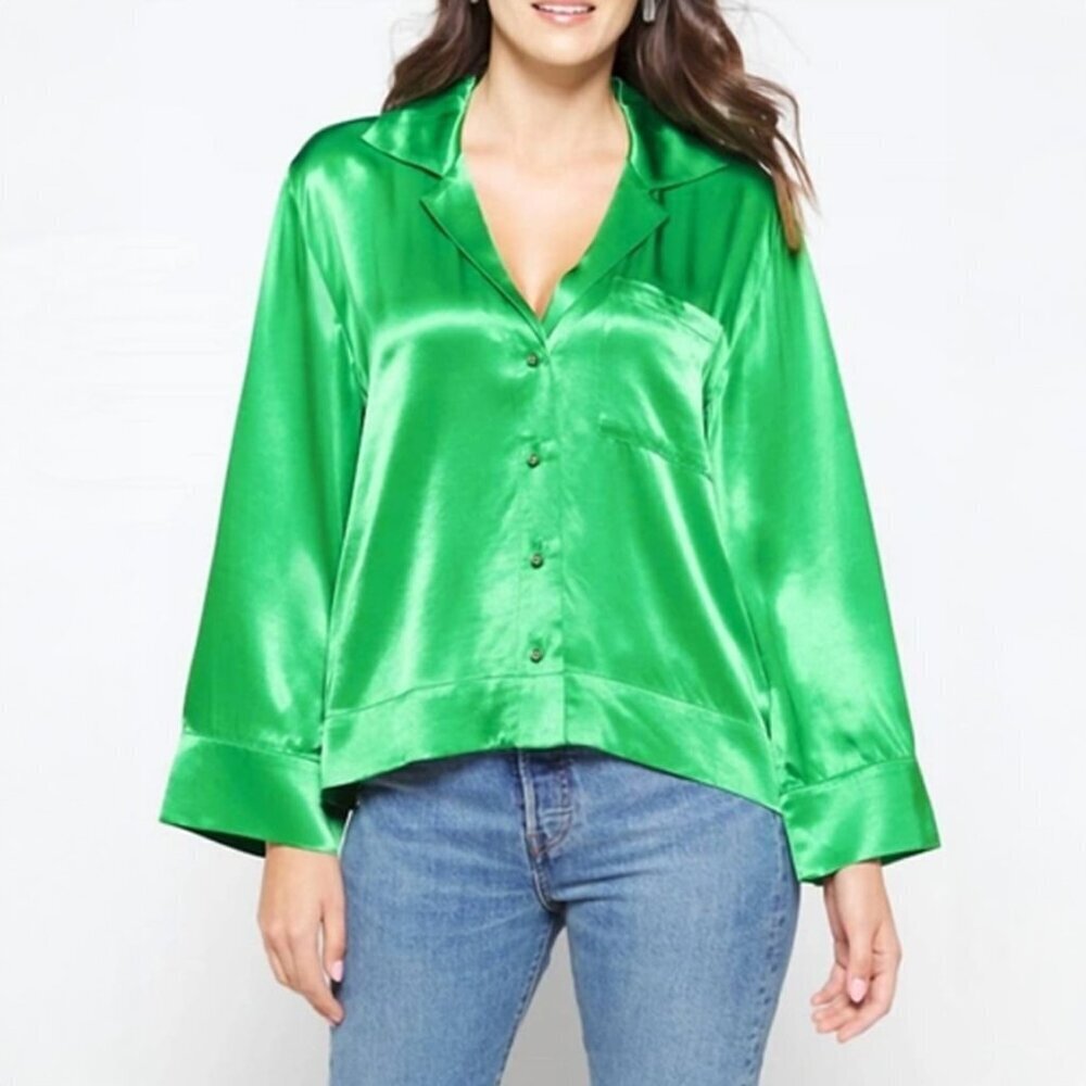 NWT Pistola Sia Kelly Green Satin Button Down Blouse Size M